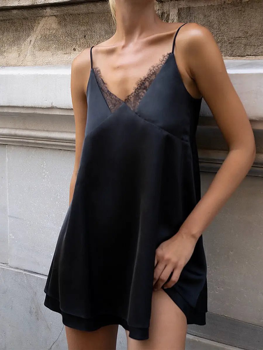 Sexy Lace Trim V-Neck Strap Dress for Women, Short Mini Dress, Sexy and Elegant Style, High-Quality Fabric, Slim Fit, Fashionable and Charming Design by eprolo