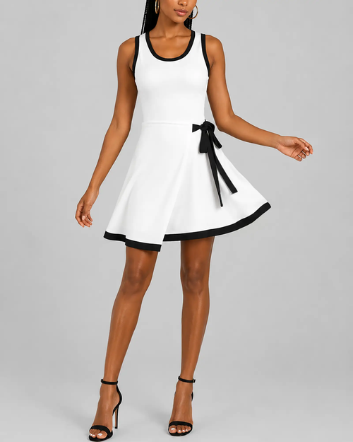 Women's fashion color-blocked edge square neck fake two-layer skirt sleeveless elastic dress by eprolo