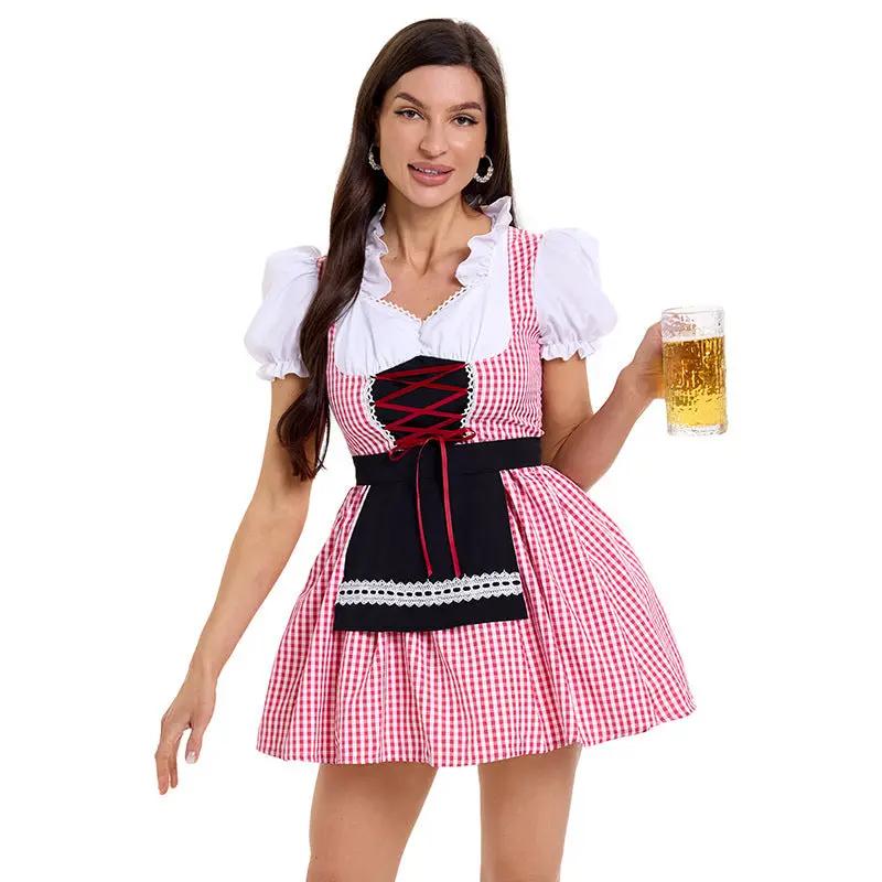 Bavarian Folk Style Cos Beer Costume Plaid Dress Maid Costume German Beer Festival Outfit by eprolo