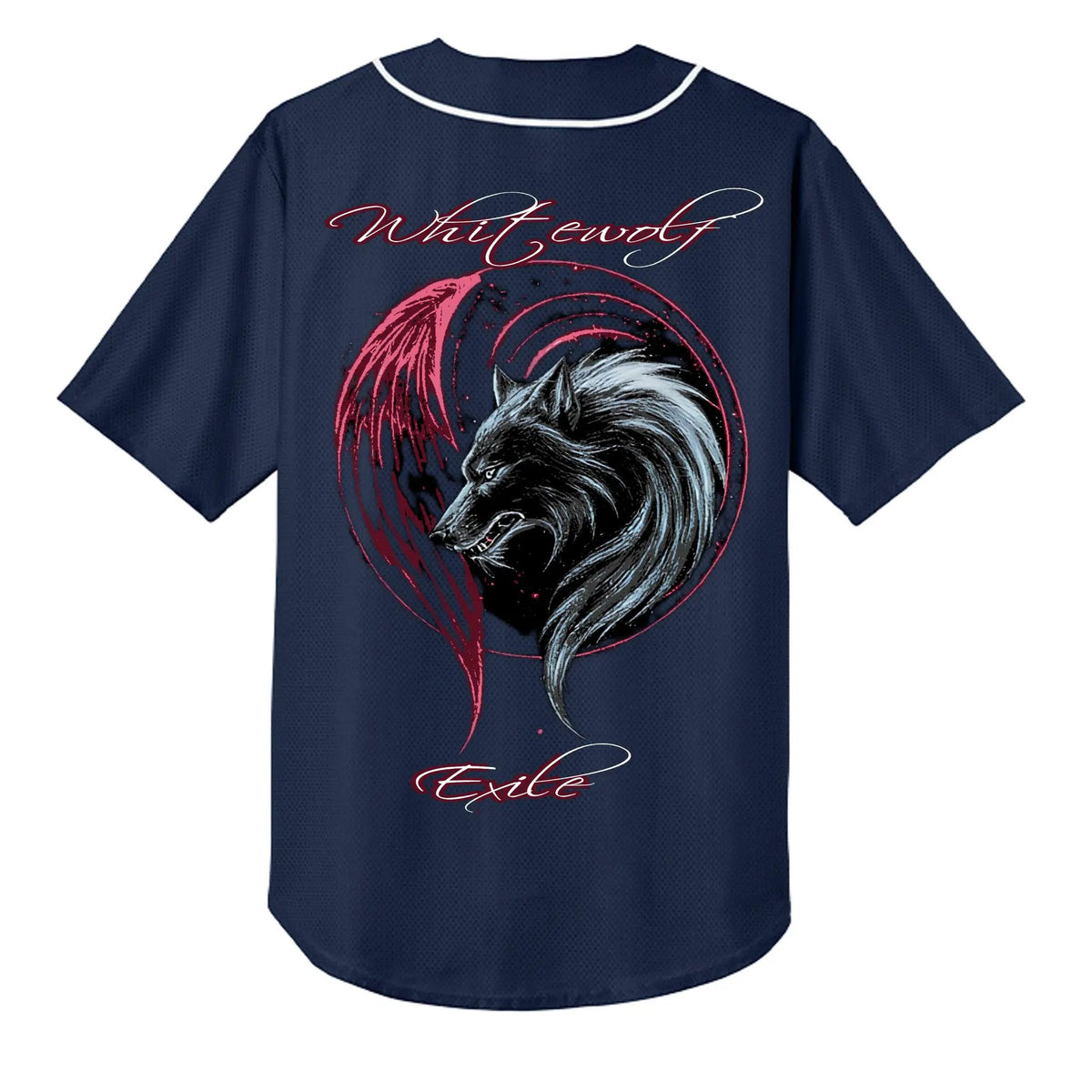 Navy baseball top with large wolf graphic and white-red cursive text, 5.9 oz moisture-wicking 94% polyester 6% spandex.