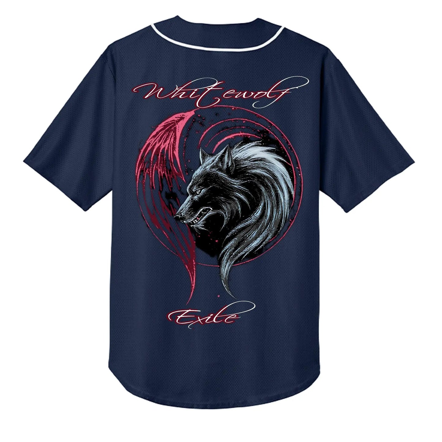 Navy baseball top with large wolf graphic and white-red cursive text, 5.9 oz moisture-wicking 94% polyester 6% spandex.