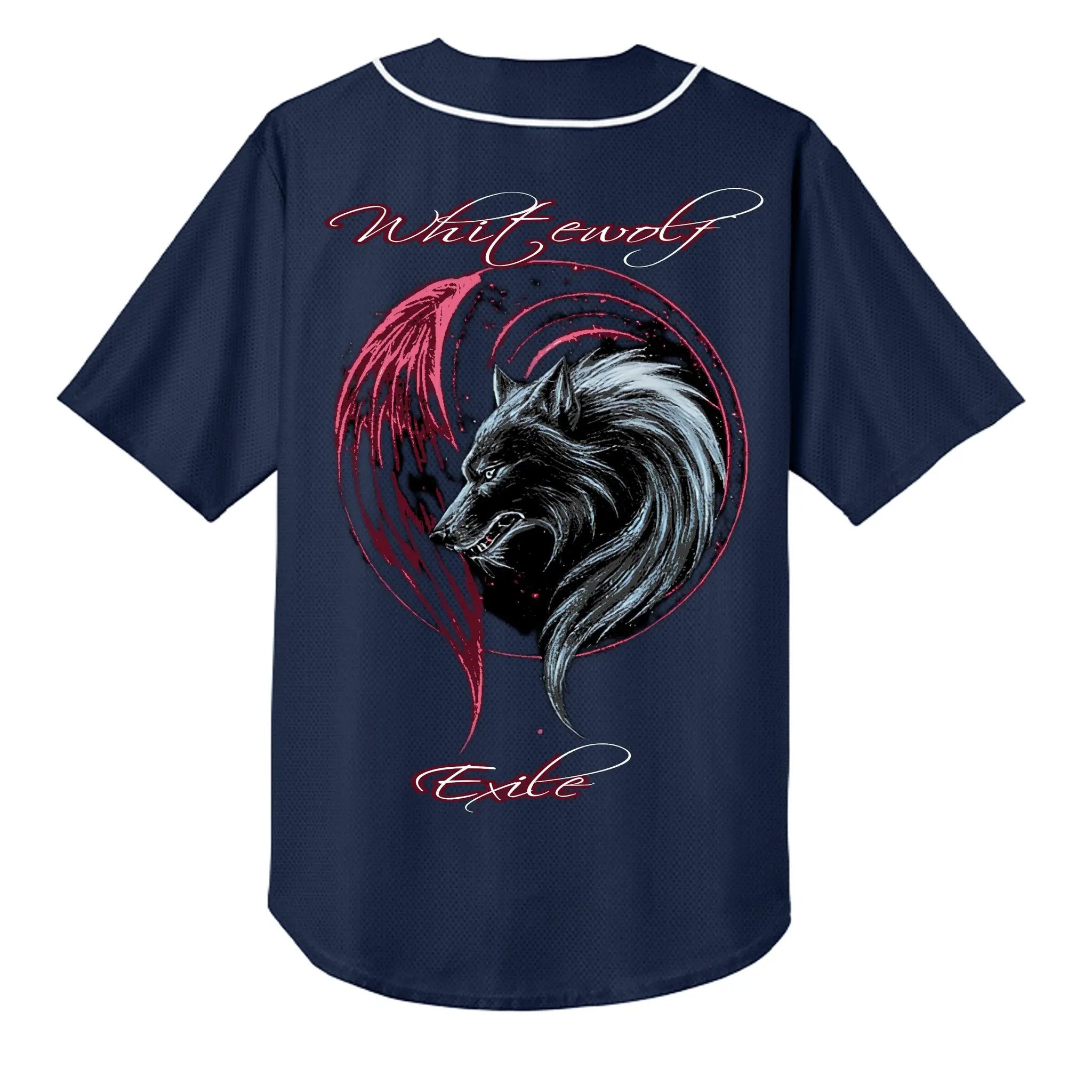 Navy baseball top with large wolf graphic and white-red cursive text, 5.9 oz moisture-wicking 94% polyester 6% spandex.