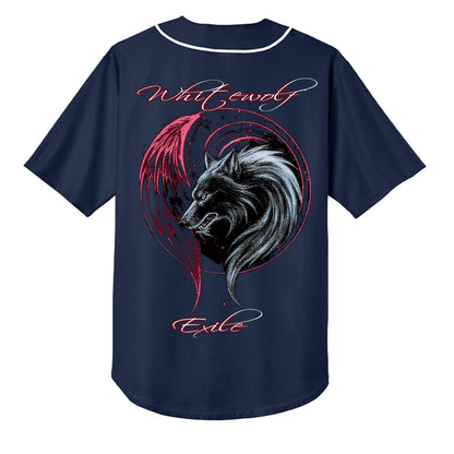 Navy baseball top with large wolf graphic and white-red cursive text, 5.9 oz moisture-wicking 94% polyester 6% spandex.