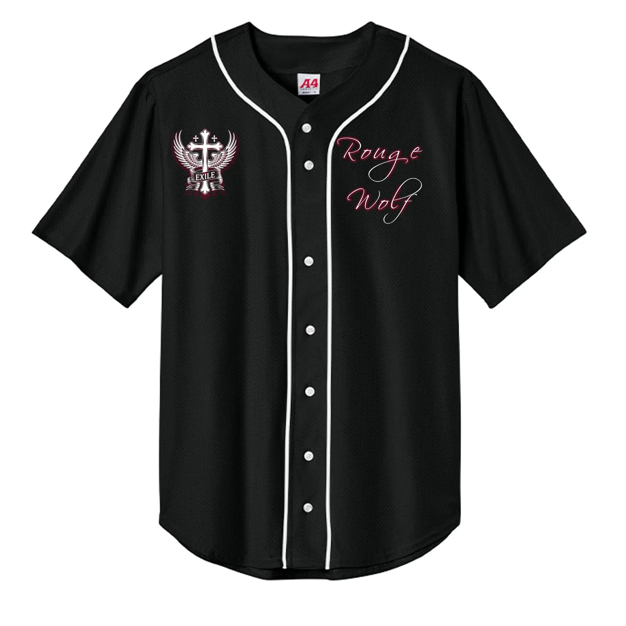 Baseball Top A4 N4184: black with white piping, full-button front; left crest with cross and wings, Rogue Wolf script.