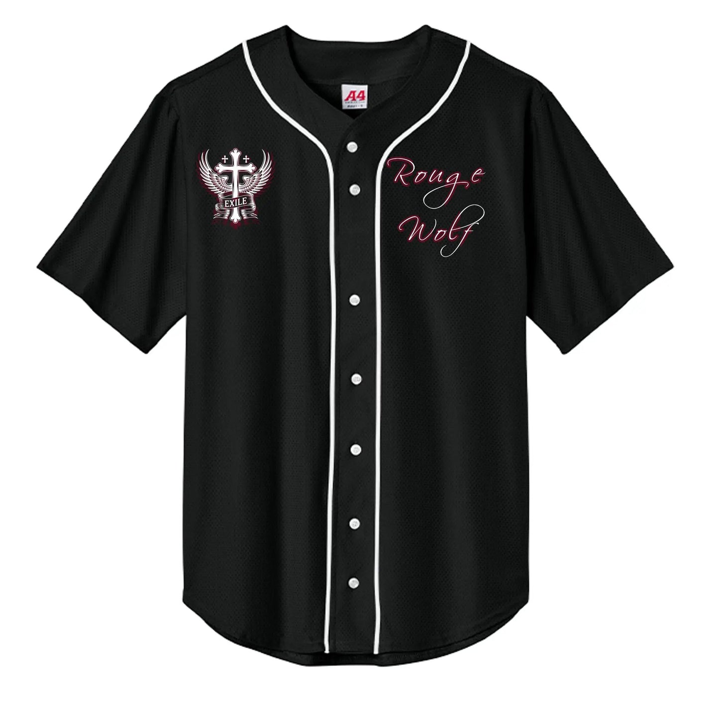 Baseball Top A4 N4184: black with white piping, full-button front; left crest with cross and wings, Rogue Wolf script.