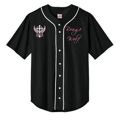 Baseball Top A4 N4184: black with white piping, full-button front; left crest with cross and wings, Rogue Wolf script.