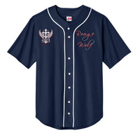 Navy baseball top with moisture-wicking fabric, white piping, full-button front, crest left chest, Rogue Wolf script.