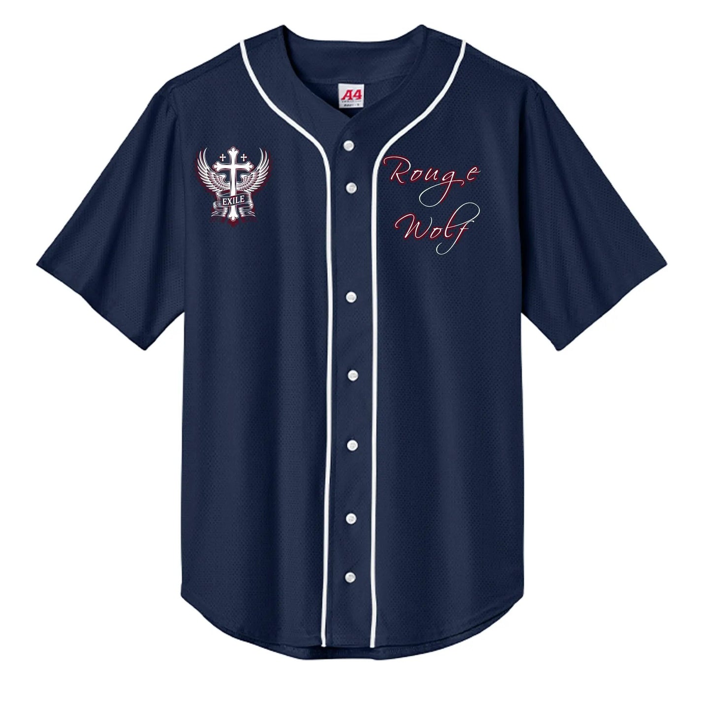 Navy baseball top with moisture-wicking fabric, white piping, full-button front, crest left chest, Rogue Wolf script.