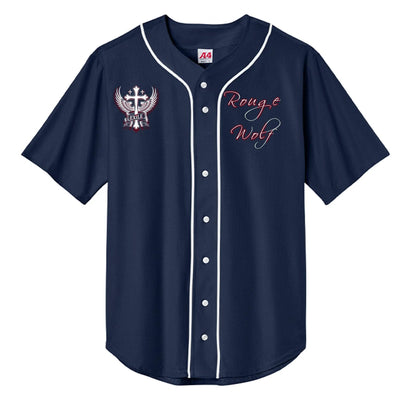 Navy baseball top with moisture-wicking fabric, white piping, full-button front, crest left chest, Rogue Wolf script.