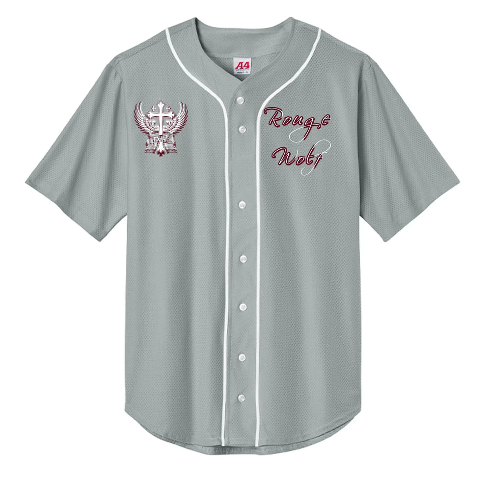 Baseball Top A4 N4184: gray short-sleeve moisture-wicking polyester jersey with full-button left crest, right logo.