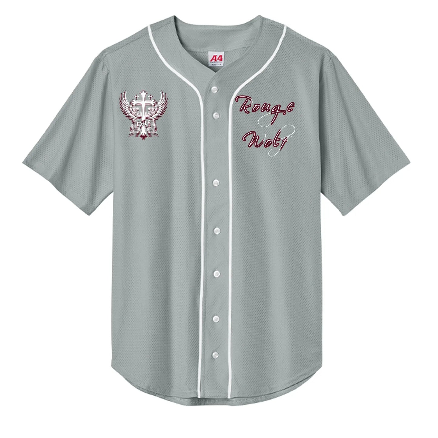 Baseball Top A4 N4184: gray short-sleeve moisture-wicking polyester jersey with full-button left crest, right logo.